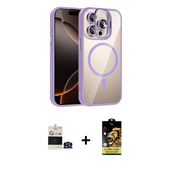 MARSİLYAN™- iPhone 14 Pro Max Kılıf Yadigar Asil Koleksiyonu - Siyah Buffer Cam Ekran Koruyucu + Derin Mor Bilvis Titan Kamera Lens