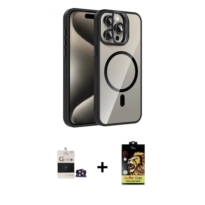 MARSİLYAN™- iPhone 14 Pro Max Kılıf Yadigar Asil Koleksiyonu - Siyah Buffer Cam Ekran Koruyucu + Bilvis Titan Kamera Lens - GD