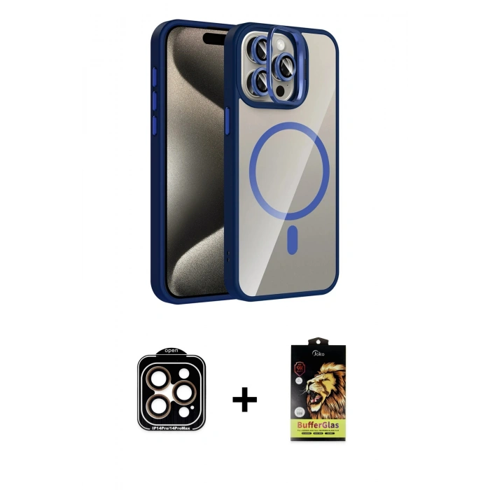 MARSİLYAN™- iPhone 14 Pro Max Kılıf Yadigar Asil Koleksiyonu - Siyah Buffer Cam Ekran Koruyucu + PVD Metal Kamera Lens - TU
