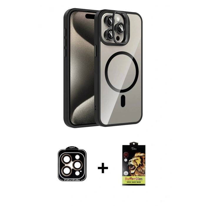 MARSİLYAN™- iPhone 14 Pro Max Kılıf Yadigar Asil Koleksiyonu - Siyah Buffer Cam Ekran Koruyucu + PVD Metal Kamera Lens - TU