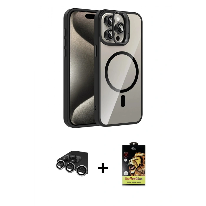 MARSİLYAN™- iPhone 14 Pro Max Kılıf Yadigar Asil Koleksiyonu - Siyah Buffer Cam Ekran Koruyucu + Raze Metal Kamera Lens - GS