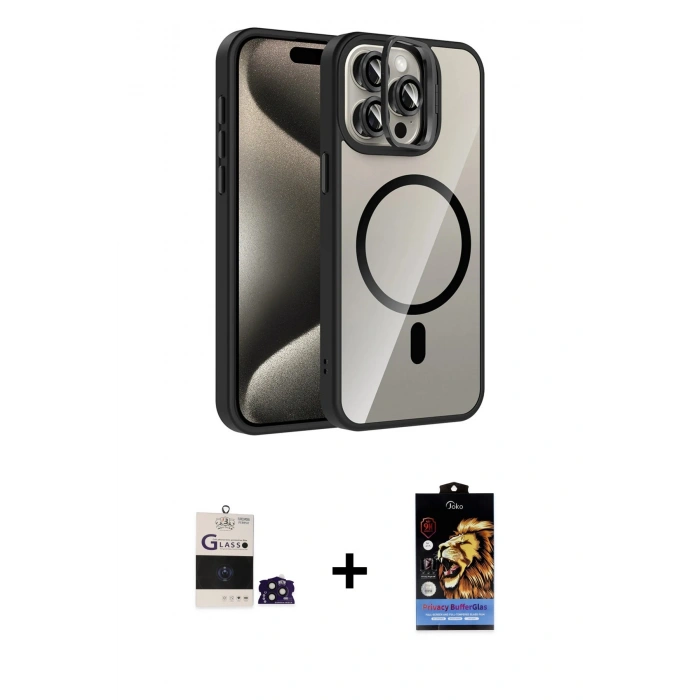 MARSİLYAN™- iPhone 14 Pro Max Kılıf Yadigar Asil Koleksiyonu - Siyah Buffer Hayalet Cam Ekran Koruyucu + Derin Mor Bilvis Titan Kamera Lens