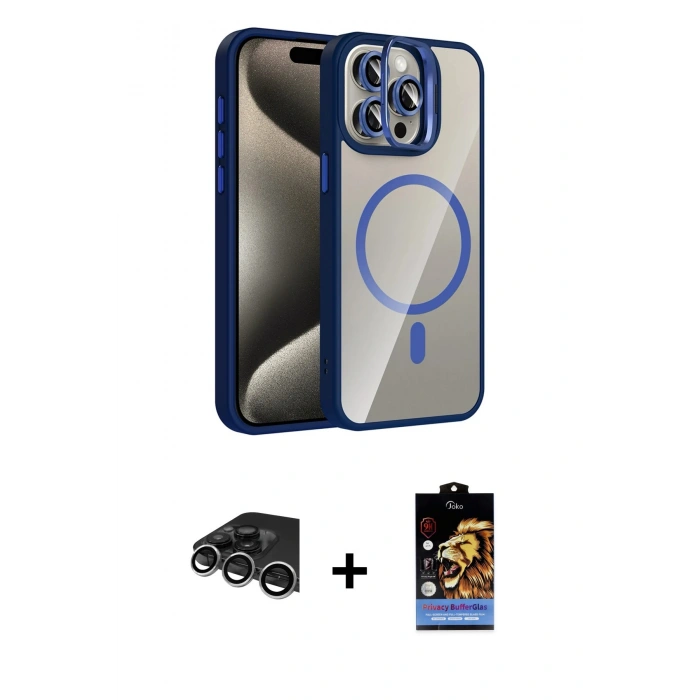 MARSİLYAN™- iPhone 14 Pro Max Kılıf Yadigar Asil Koleksiyonu - Siyah Buffer Hayalet Cam Ekran Koruyucu + Gümüş Raze Metal Kamera Lens