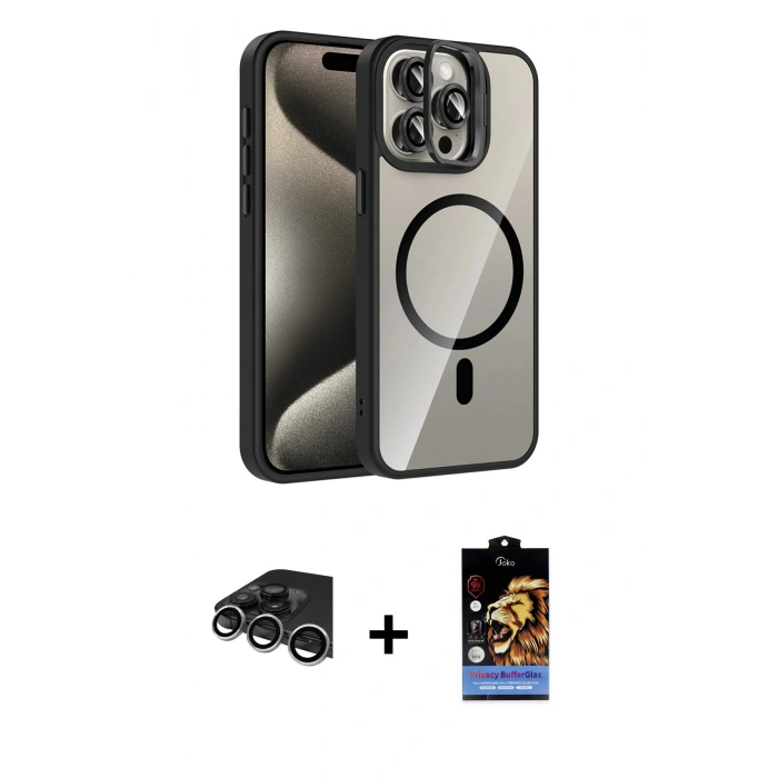MARSİLYAN™- iPhone 14 Pro Max Kılıf Yadigar Asil Koleksiyonu - Siyah Buffer Hayalet Cam Ekran Koruyucu + Gümüş Raze Metal Kamera Lens