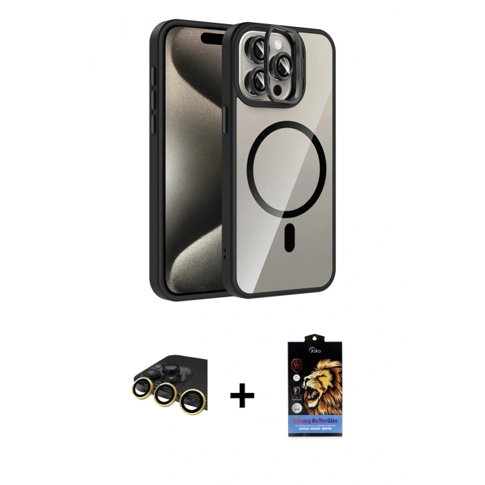 MARSİLYAN™- iPhone 14 Pro Max Kılıf Yadigar Asil Koleksiyonu - Siyah Buffer Hayalet Cam Ekran Koruyucu + Raze Metal Kamera Lens - GD