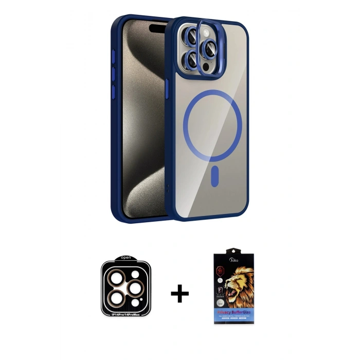 MARSİLYAN™- iPhone 14 Pro Max Kılıf Yadigar Asil Koleksiyonu - Siyah Buffer Hayalet Cam Ekran Koruyucu + Turuncu PVD Metal Kamera Lens