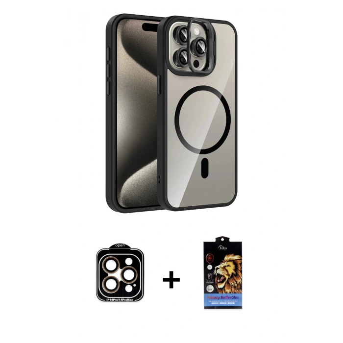 MARSİLYAN™- iPhone 14 Pro Max Kılıf Yadigar Asil Koleksiyonu - Siyah Buffer Hayalet Cam Ekran Koruyucu + Turuncu PVD Metal Kamera Lens