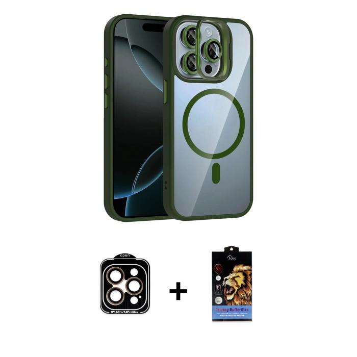 MARSİLYAN™- iPhone 14 Pro Max Kılıf Yadigar Asil Koleksiyonu - Siyah Buffer Hayalet Cam Ekran Koruyucu + Turuncu PVD Metal Kamera Lens
