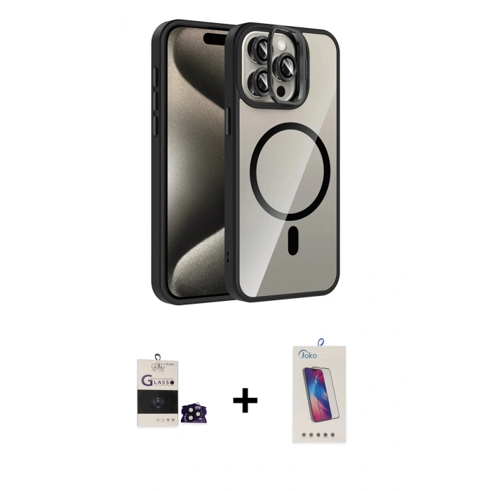 MARSİLYAN™- iPhone 14 Pro Max Kılıf Yadigar Asil Koleksiyonu - Siyah Joko 5D Cam + Siyah Bilvis Titan Kamera Lens