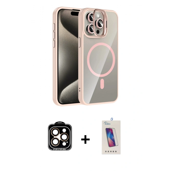 MARSİLYAN™- iPhone 14 Pro Max Kılıf Yadigar Asil Koleksiyonu - Siyah Joko 5D Cam + Turuncu PVD Metal Kamera Lens