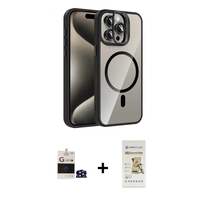 MARSİLYAN™- iPhone 14 Pro Max Kılıf Yadigar Asil Koleksiyonu - Siyah Mat Seramik Nano Ekran Koruyucu + Bilvis Titan Kamera Lens - DNMR
