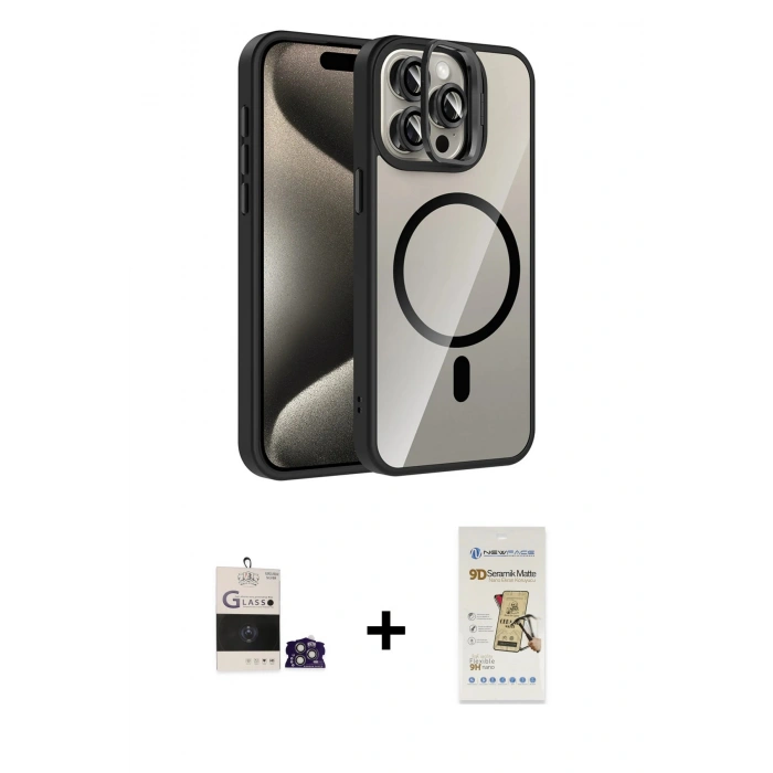 MARSİLYAN™- iPhone 14 Pro Max Kılıf Yadigar Asil Koleksiyonu - Siyah Mat Seramik Nano Ekran Koruyucu + Gümüş Bilvis Titan Kamera Lens