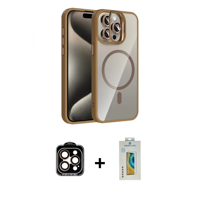 MARSİLYAN™- iPhone 14 Pro Max Kılıf Yadigar Asil Koleksiyonu - Siyah Polymer Nano Ekran Koruyucu + PVD Metal Kamera Lens - TU