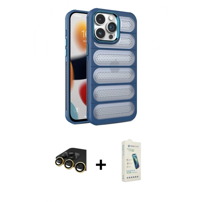 MARSİLYAN™- iPhone 14 Pro Max Kılıf Yadigar Doku Özel Seri - Şeffaf Pasifik Cam Ekran Koruyucu + Raze Metal Kamera Lens - GD