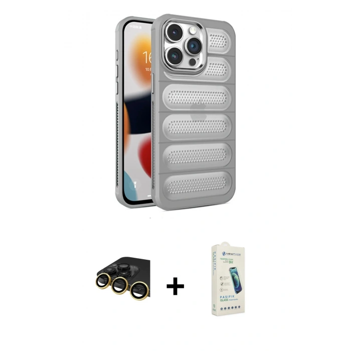 MARSİLYAN™- iPhone 14 Pro Max Kılıf Yadigar Doku Özel Seri - Şeffaf Pasifik Cam Ekran Koruyucu + Raze Metal Kamera Lens - GD
