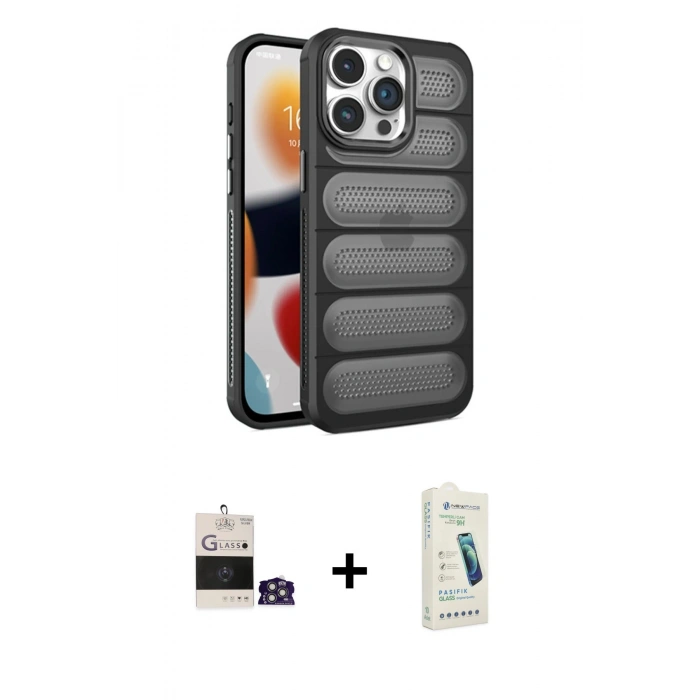 MARSİLYAN™- iPhone 14 Pro Max Kılıf Yadigar Doku Özel Seri - Şeffaf Pasifik Cam Ekran Koruyucu + Bilvis Titan Kamera Lens - GS
