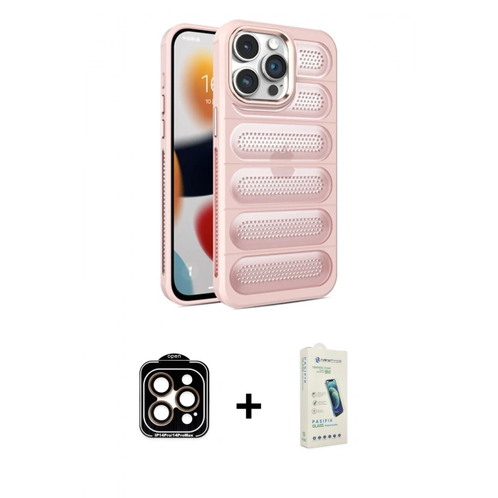 MARSİLYAN™- iPhone 14 Pro Max Kılıf Yadigar Doku Özel Seri - Şeffaf Pasifik Cam Ekran Koruyucu + PVD Metal Kamera Lens - TU