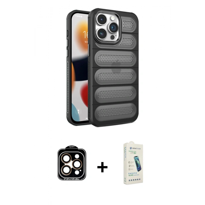MARSİLYAN™- iPhone 14 Pro Max Kılıf Yadigar Doku Özel Seri - Şeffaf Pasifik Cam Ekran Koruyucu + PVD Metal Kamera Lens - TU
