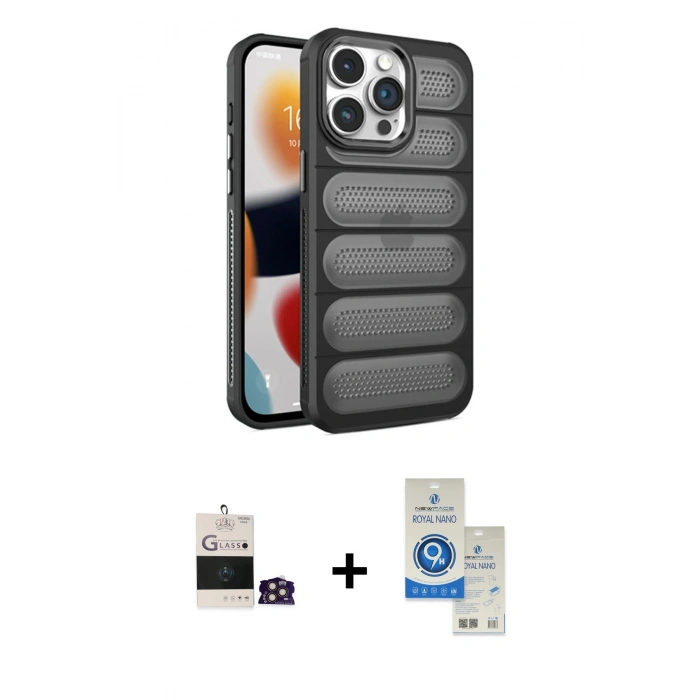 MARSİLYAN™- iPhone 14 Pro Max Kılıf Yadigar Doku Özel Seri - Şeffaf Royal Nano Ekran Koruyucu + Gold Bilvis Titan Kamera Lens