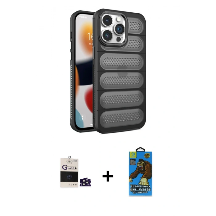 MARSİLYAN™- iPhone 14 Pro Max Kılıf Yadigar Doku Özel Seri - Siyah 18D Cam Ekran Koruyucu + Bilvis Titan Kamera Lens - DNMR