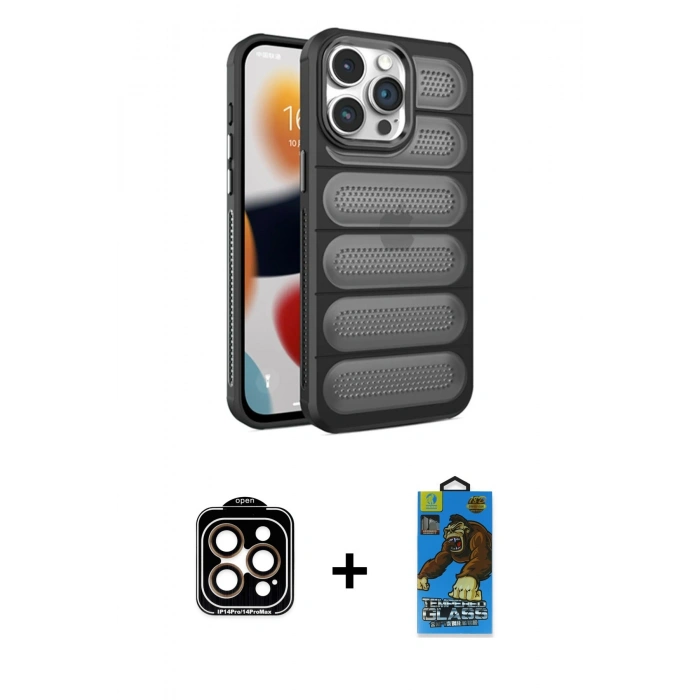 MARSİLYAN™- iPhone 14 Pro Max Kılıf Yadigar Doku Özel Seri - Siyah 18D Cam Ekran Koruyucu + PVD Metal Kamera Lens - TU