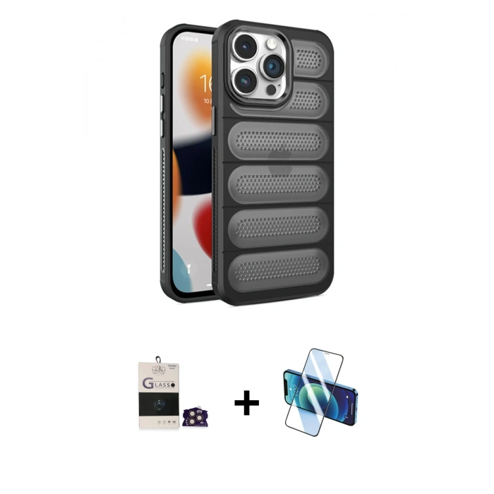 MARSİLYAN™- iPhone 14 Pro Max Kılıf Yadigar Doku Özel Seri - Siyah 3D Antistatik Cam Ekran Koruyucu + Bilvis Titan Kamera Lens - GD