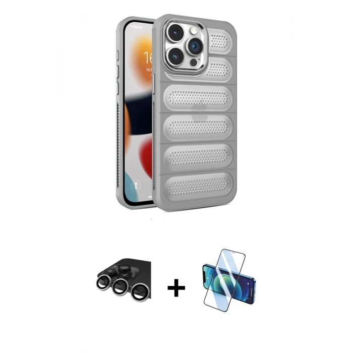 MARSİLYAN™- iPhone 14 Pro Max Kılıf Yadigar Doku Özel Seri - Siyah 3D Antistatik Cam Ekran Koruyucu + Gümüş Raze Metal Kamera Lens