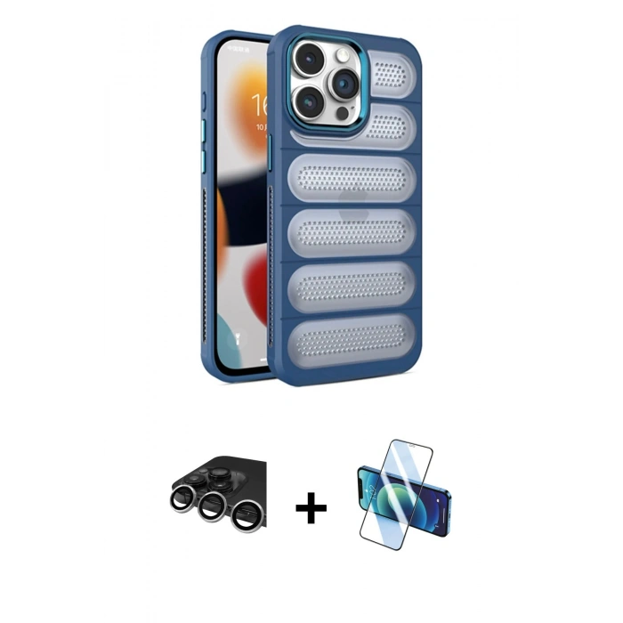 MARSİLYAN™- iPhone 14 Pro Max Kılıf Yadigar Doku Özel Seri - Siyah 3D Antistatik Cam Ekran Koruyucu + Gümüş Raze Metal Kamera Lens