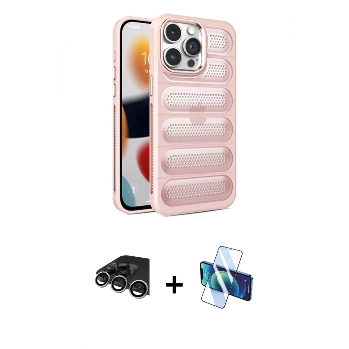 MARSİLYAN™- iPhone 14 Pro Max Kılıf Yadigar Doku Özel Seri - Siyah 3D Antistatik Cam Ekran Koruyucu + Gümüş Raze Metal Kamera Lens