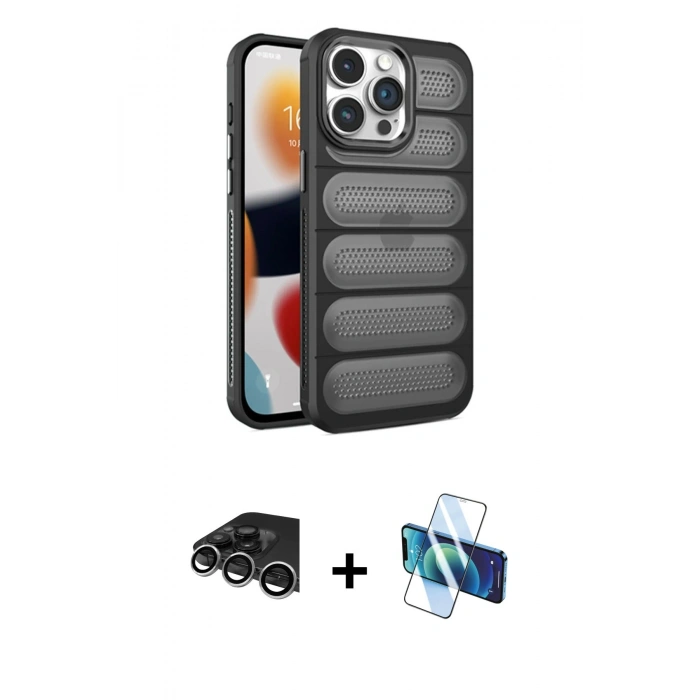 MARSİLYAN™- iPhone 14 Pro Max Kılıf Yadigar Doku Özel Seri - Siyah 3D Antistatik Cam Ekran Koruyucu + Gümüş Raze Metal Kamera Lens