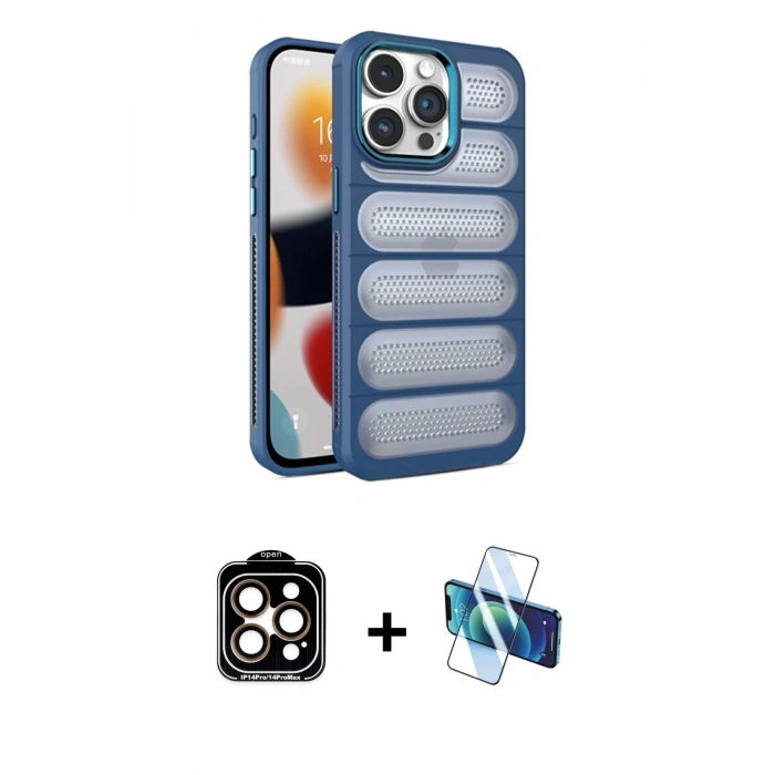 MARSİLYAN™- iPhone 14 Pro Max Kılıf Yadigar Doku Özel Seri - Siyah 3D Antistatik Cam Ekran Koruyucu + PVD Metal Kamera Lens - TU