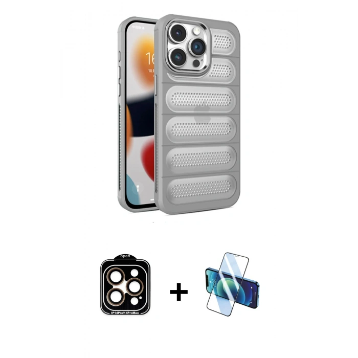 MARSİLYAN™- iPhone 14 Pro Max Kılıf Yadigar Doku Özel Seri - Siyah 3D Antistatik Cam Ekran Koruyucu + Turuncu PVD Metal Kamera Lens