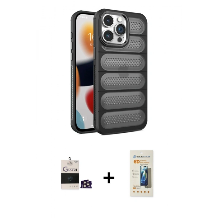 MARSİLYAN™- iPhone 14 Pro Max Kılıf Yadigar Doku Özel Seri - Siyah 6D Mat Seramik Hayalet Nano Ekran Koruyucu + Bilvis Titan Kamera Lens - GD
