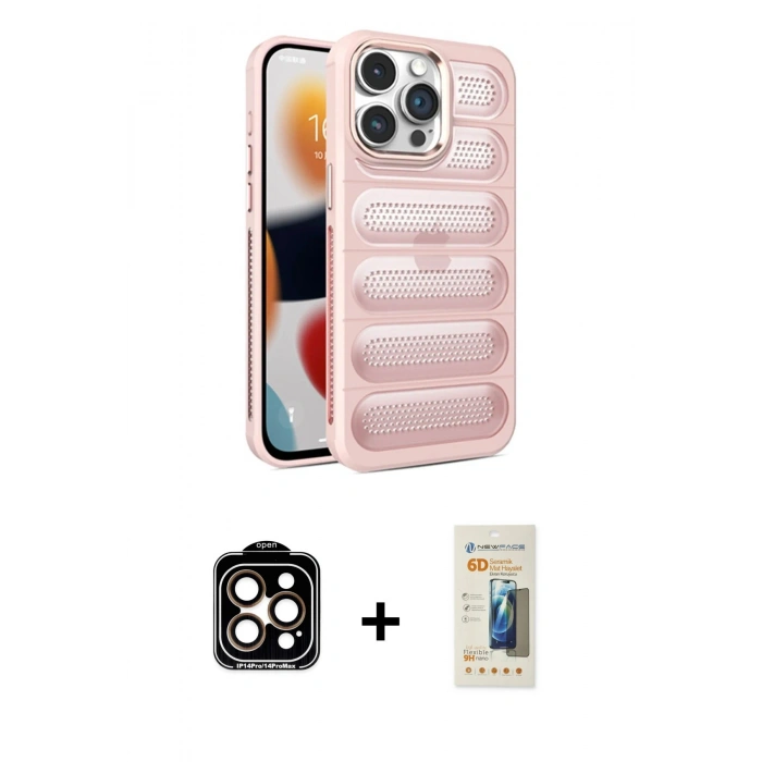 MARSİLYAN™- iPhone 14 Pro Max Kılıf Yadigar Doku Özel Seri - Siyah 6D Mat Seramik Hayalet Nano Ekran Koruyucu + Turuncu PVD Metal Kamera Lens