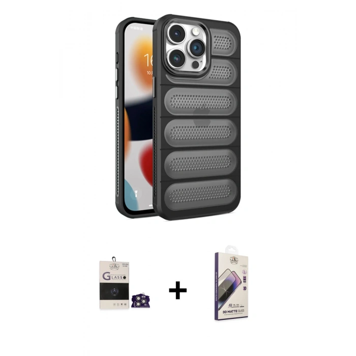 MARSİLYAN™- iPhone 14 Pro Max Kılıf Yadigar Doku Özel Seri - Siyah Bilvis 3D Mat Cam Ekran Koruyucu + Bilvis Titan Kamera Lens - GS