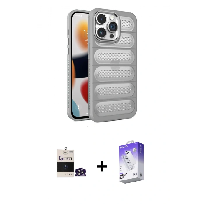 MARSİLYAN™- iPhone 14 Pro Max Kılıf Yadigar Doku Özel Seri - Siyah Bilvis 5in1 3D Magic Cam Ekran Koruyucu + Derin Mor Bilvis Titan Kamera Lens