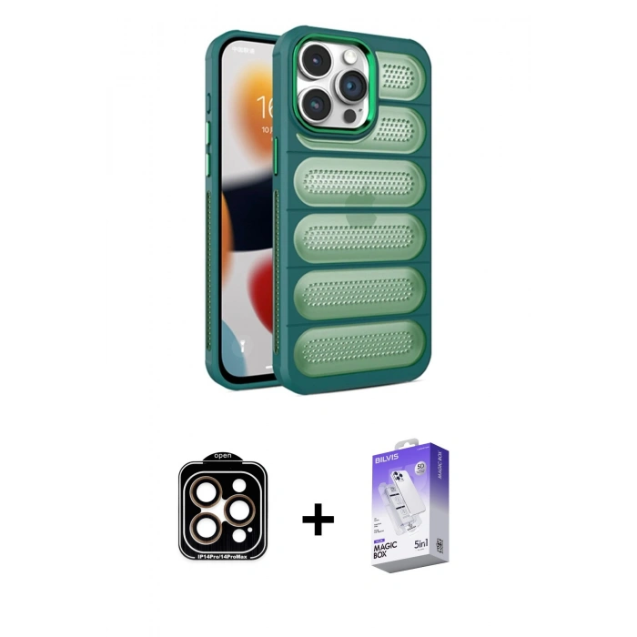 MARSİLYAN™- iPhone 14 Pro Max Kılıf Yadigar Doku Özel Seri - Siyah Bilvis 5in1 3D Magic Cam Ekran Koruyucu + PVD Metal Kamera Lens - TU