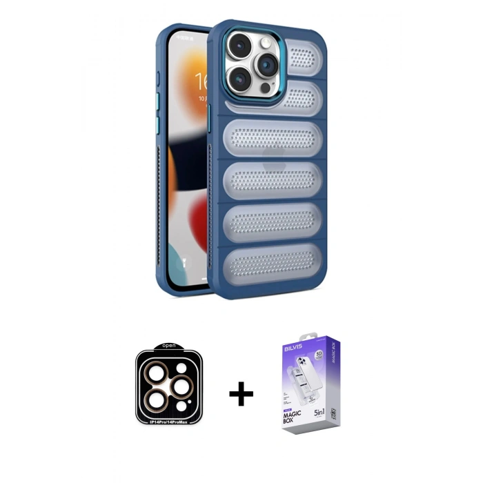 MARSİLYAN™- iPhone 14 Pro Max Kılıf Yadigar Doku Özel Seri - Siyah Bilvis 5in1 3D Magic Cam Ekran Koruyucu + PVD Metal Kamera Lens - TU