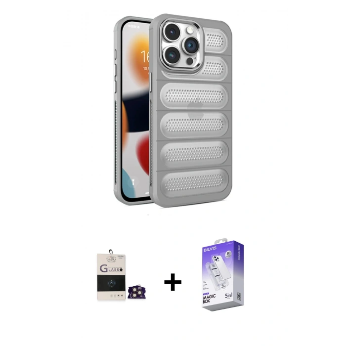 MARSİLYAN™- iPhone 14 Pro Max Kılıf Yadigar Doku Özel Seri - Siyah Bilvis 5in1 3D Magic Cam Ekran Koruyucu + Gold Bilvis Titan Kamera Lens