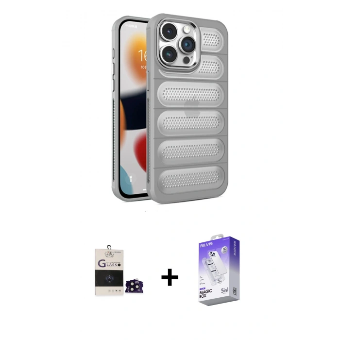 MARSİLYAN™- iPhone 14 Pro Max Kılıf Yadigar Doku Özel Seri - Siyah Bilvis 5in1 3D Magic Cam Ekran Koruyucu + Bilvis Titan Kamera Lens - SH
