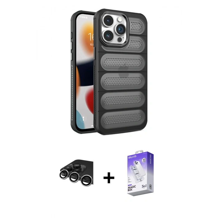 MARSİLYAN™- iPhone 14 Pro Max Kılıf Yadigar Doku Özel Seri - Siyah Bilvis 5in1 3D Magic Cam Ekran Koruyucu + Raze Metal Kamera Lens - GS