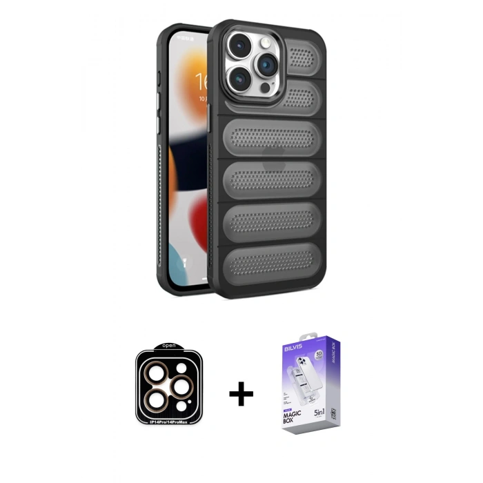 MARSİLYAN™- iPhone 14 Pro Max Kılıf Yadigar Doku Özel Seri - Siyah Bilvis 5in1 3D Magic Cam Ekran Koruyucu + PVD Metal Kamera Lens - TU