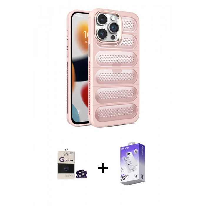 MARSİLYAN™- iPhone 14 Pro Max Kılıf Yadigar Doku Özel Seri - Siyah Bilvis 5in1 3D Magic Cam Ekran Koruyucu + Derin Mor Bilvis Titan Kamera Lens