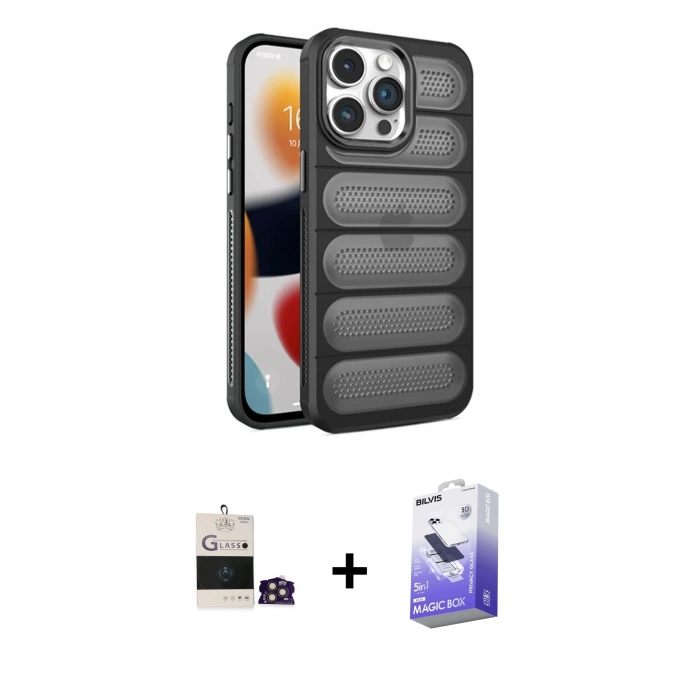 MARSİLYAN™- iPhone 14 Pro Max Kılıf Yadigar Doku Özel Seri - Siyah Bilvis 5in1 5D Magic Hayalet Cam Ekran Koruyucu + Bilvis Titan Kamera Lens - GD