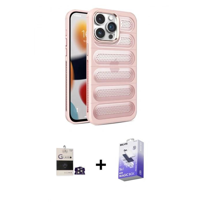 MARSİLYAN™- iPhone 14 Pro Max Kılıf Yadigar Doku Özel Seri - Siyah Bilvis 5in1 5D Magic Hayalet Cam Ekran Koruyucu + Bilvis Titan Kamera Lens - GS