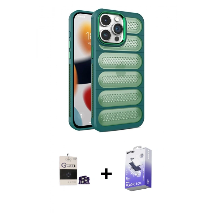 MARSİLYAN™- iPhone 14 Pro Max Kılıf Yadigar Doku Özel Seri - Siyah Bilvis 5in1 5D Magic Hayalet Cam Ekran Koruyucu + Bilvis Titan Kamera Lens - GS