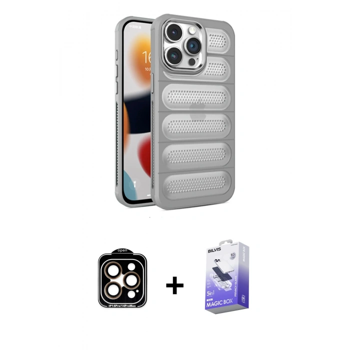 MARSİLYAN™- iPhone 14 Pro Max Kılıf Yadigar Doku Özel Seri - Siyah Bilvis 5in1 5D Magic Hayalet Cam Ekran Koruyucu + PVD Metal Kamera Lens - TU