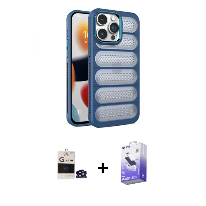 MARSİLYAN™- iPhone 14 Pro Max Kılıf Yadigar Doku Özel Seri - Siyah Bilvis 5in1 5D Magic Hayalet Cam Ekran Koruyucu + Bilvis Titan Kamera Lens - DNMR