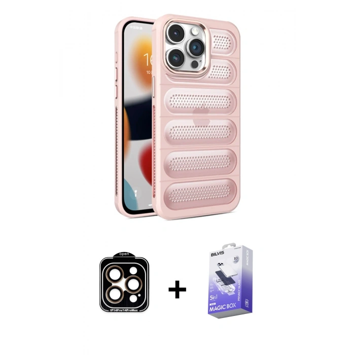 MARSİLYAN™- iPhone 14 Pro Max Kılıf Yadigar Doku Özel Seri - Siyah Bilvis 5in1 5D Magic Hayalet Cam Ekran Koruyucu + PVD Metal Kamera Lens - TU
