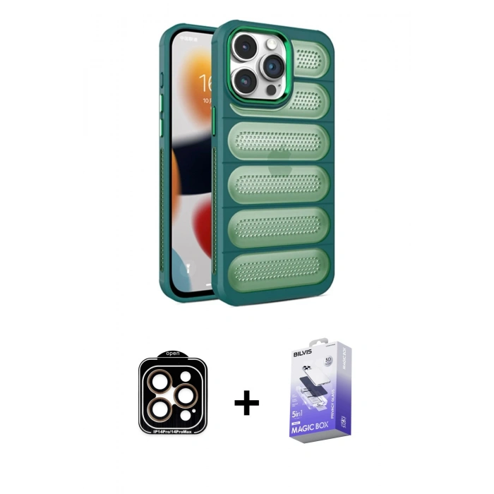 MARSİLYAN™- iPhone 14 Pro Max Kılıf Yadigar Doku Özel Seri - Siyah Bilvis 5in1 5D Magic Hayalet Cam Ekran Koruyucu + PVD Metal Kamera Lens - TU